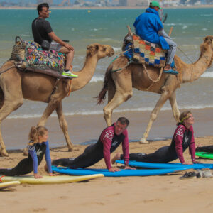 Surf group class instructor with camels in the back